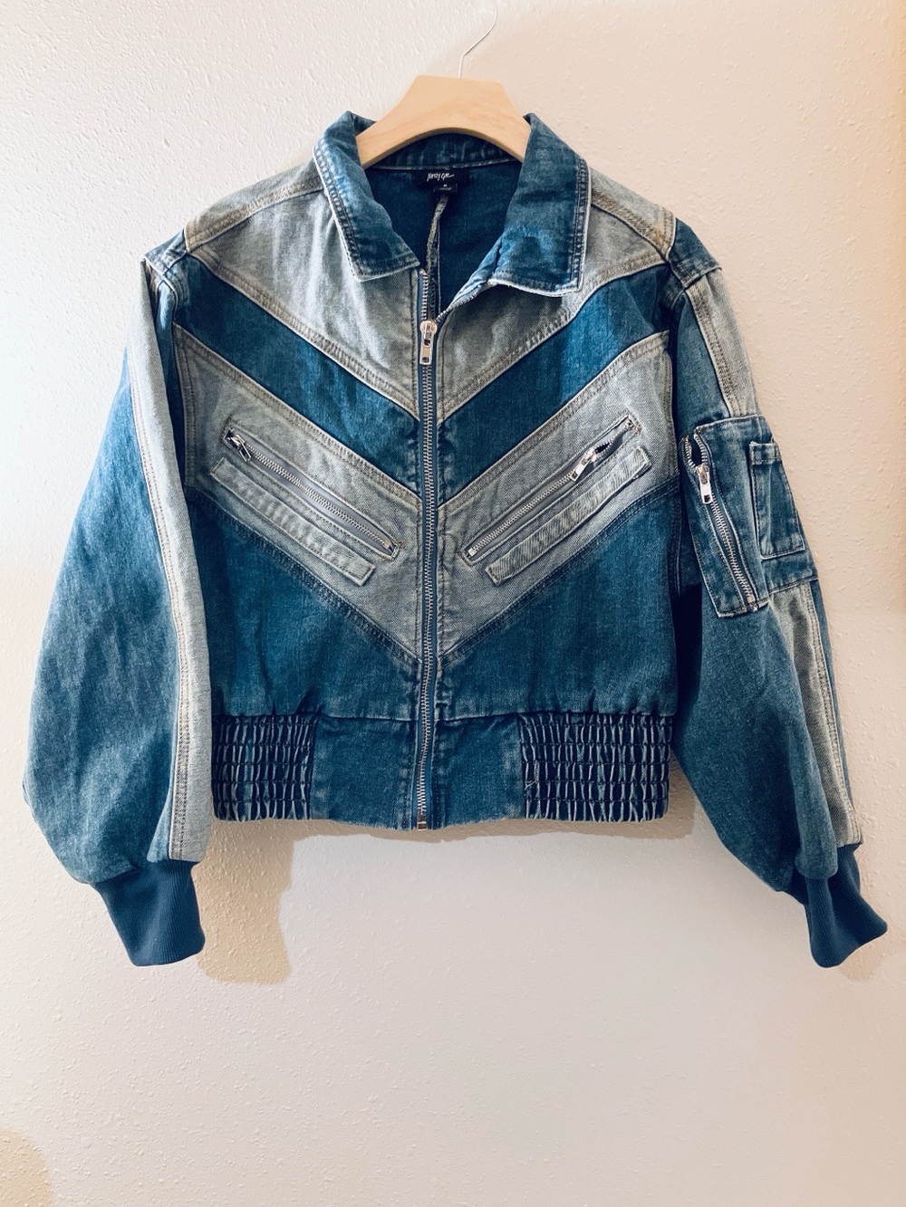 Nasty Gal Chevron Patchwork Denim Bomber Jean Jacket Medium - Picture 2 of 10